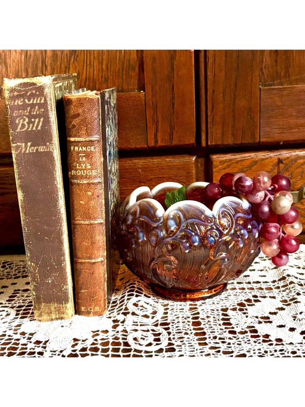 Vintage Fenton Amber Glass Rose Bowl Lily of Val;ey | Silver Crest Style Ruffled